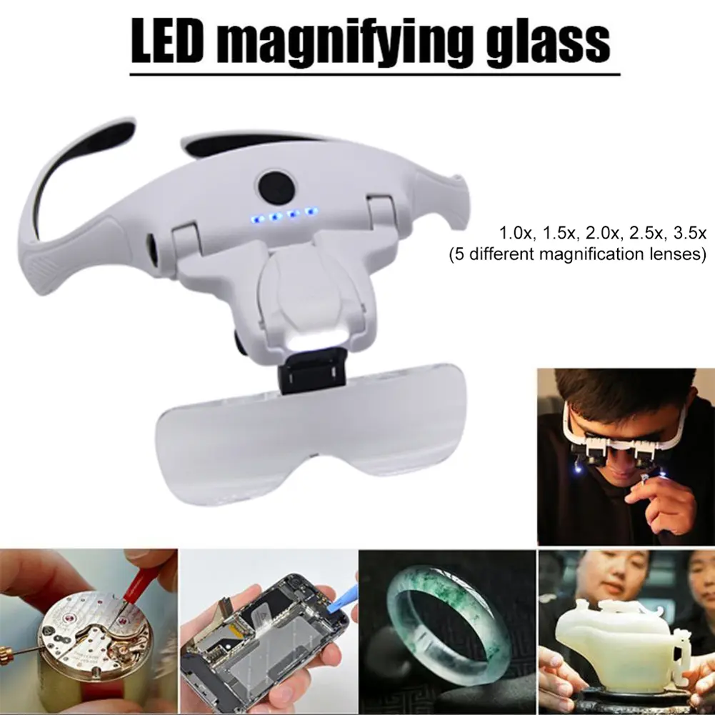 Head Mounted Maintenance Magnifying Glass Power Display LED Watch Repair Magnifier Large Capacity Battery Interchangeable Lenses