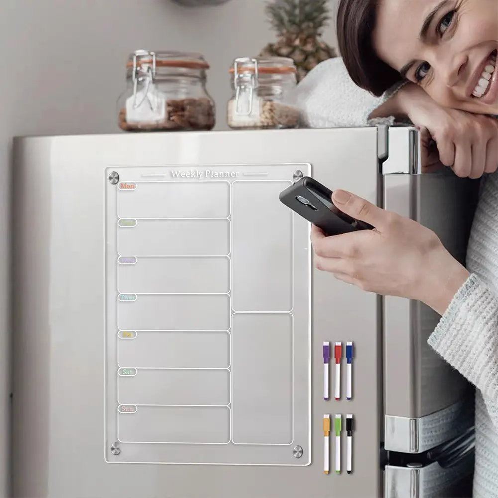 Acrylic Magnetic Calendar 7.8x11.7 In Acrylic Weekly Calendar with 6 Color Pens Acrylic Dry Erase Board for Refrigerator