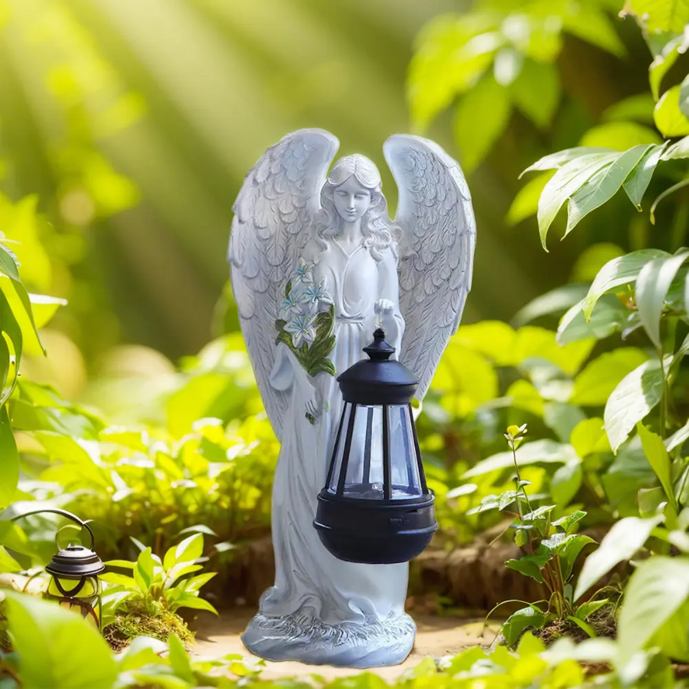 Solar Powered Angel Statue Light Waterproof Fairy Wings Statue Lamp Decorative Angel Figurine Lantern for Outside Yard Art Patio