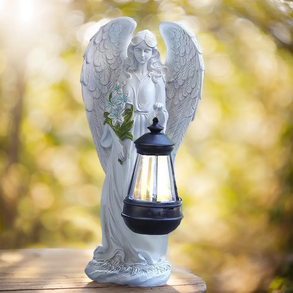 Solar Powered Angel Statue Light Waterproof Fairy Wings Statue Lamp Decorative Angel Figurine Lantern for Outside Yard Art Patio