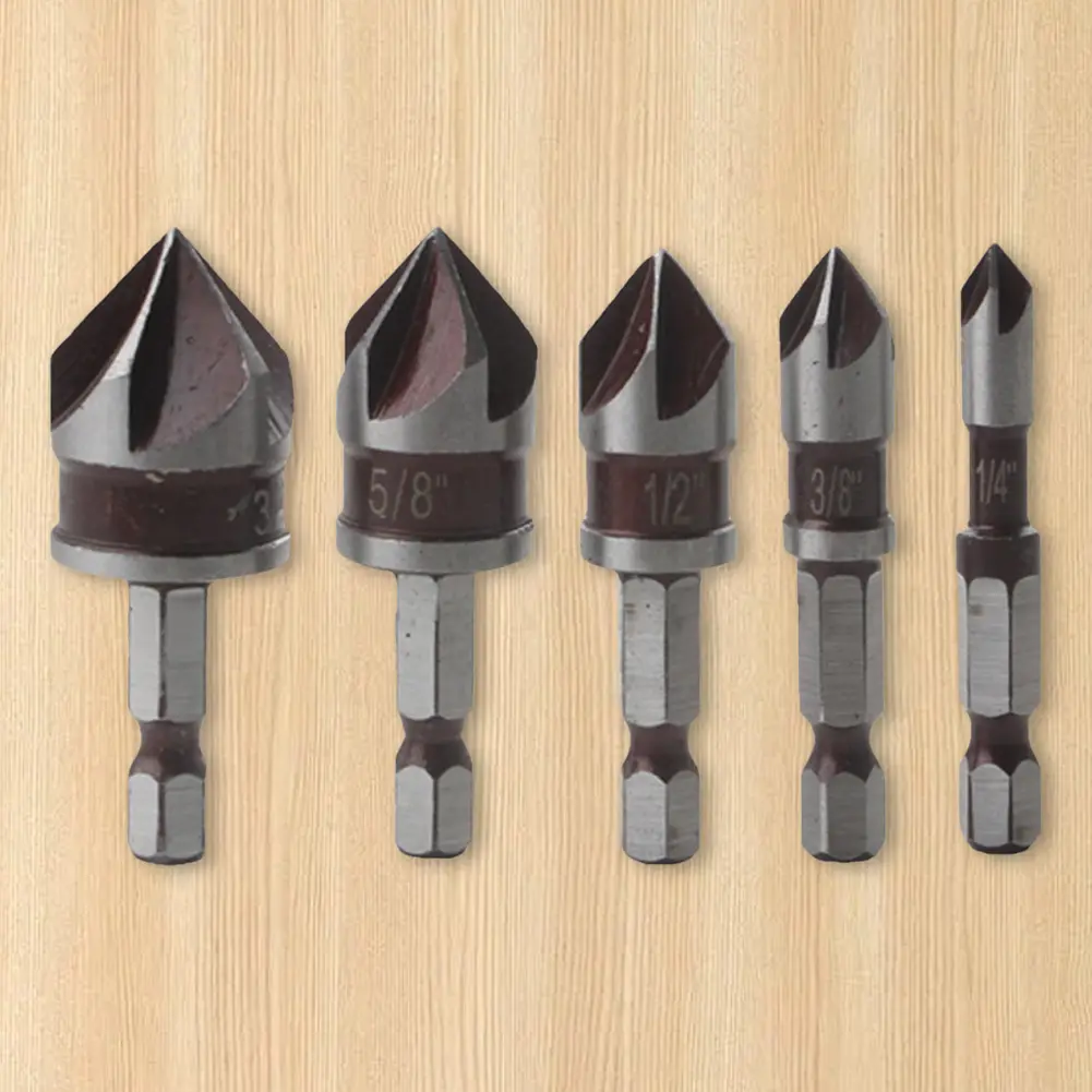 5PCS Countersink Drill Bit Set 82 Degree 5 Flute 1/4 Inch Hex Shank Countersunk Bits 1/4 3/8 1/2 5/8 3/4inch Deburring Bit