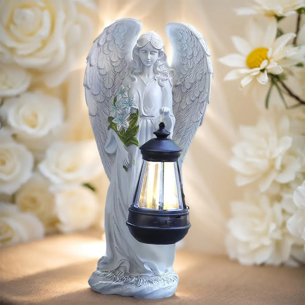 Solar Powered Angel Statue Light Waterproof Fairy Wings Statue Lamp Decorative Angel Figurine Lantern for Outside Yard Art Patio