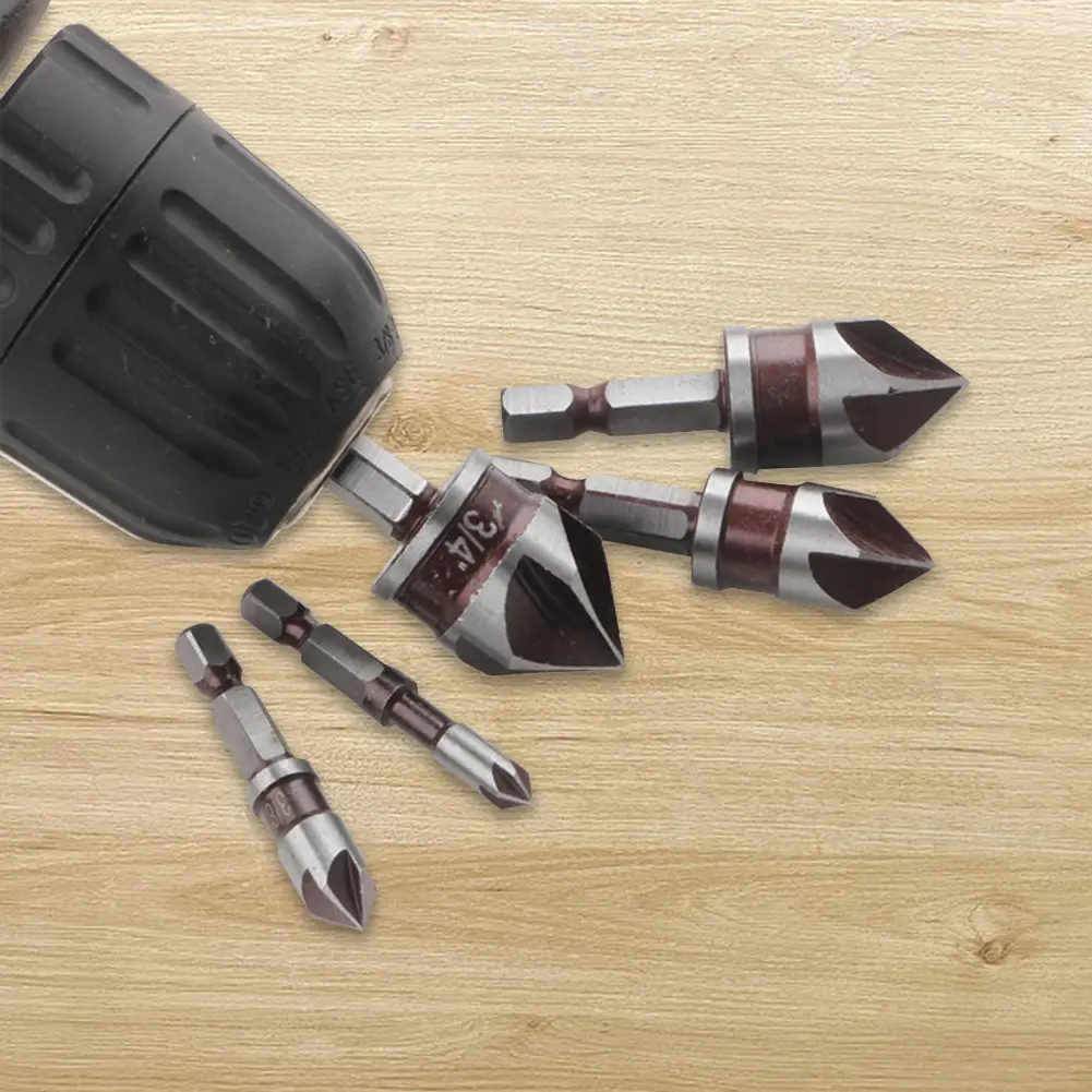 5PCS Countersink Drill Bit Set 82 Degree 5 Flute 1/4 Inch Hex Shank Countersunk Bits 1/4 3/8 1/2 5/8 3/4inch Deburring Bit