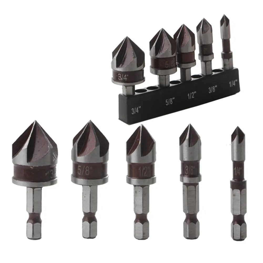 5PCS Countersink Drill Bit Set 82 Degree 5 Flute 1/4 Inch Hex Shank Countersunk Bits 1/4 3/8 1/2 5/8 3/4inch Deburring Bit