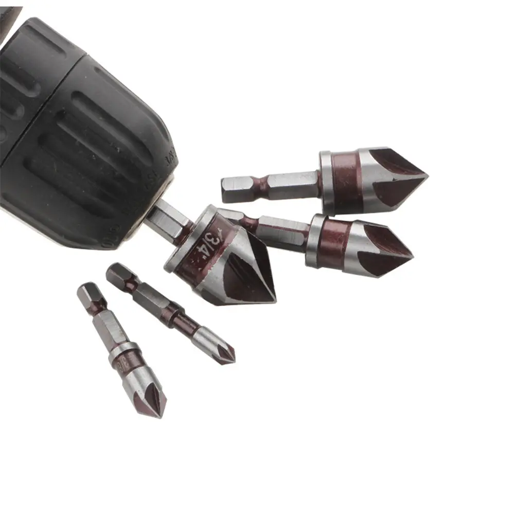 5PCS Countersink Drill Bit Set 82 Degree 5 Flute 1/4 Inch Hex Shank Countersunk Bits 1/4 3/8 1/2 5/8 3/4inch Deburring Bit