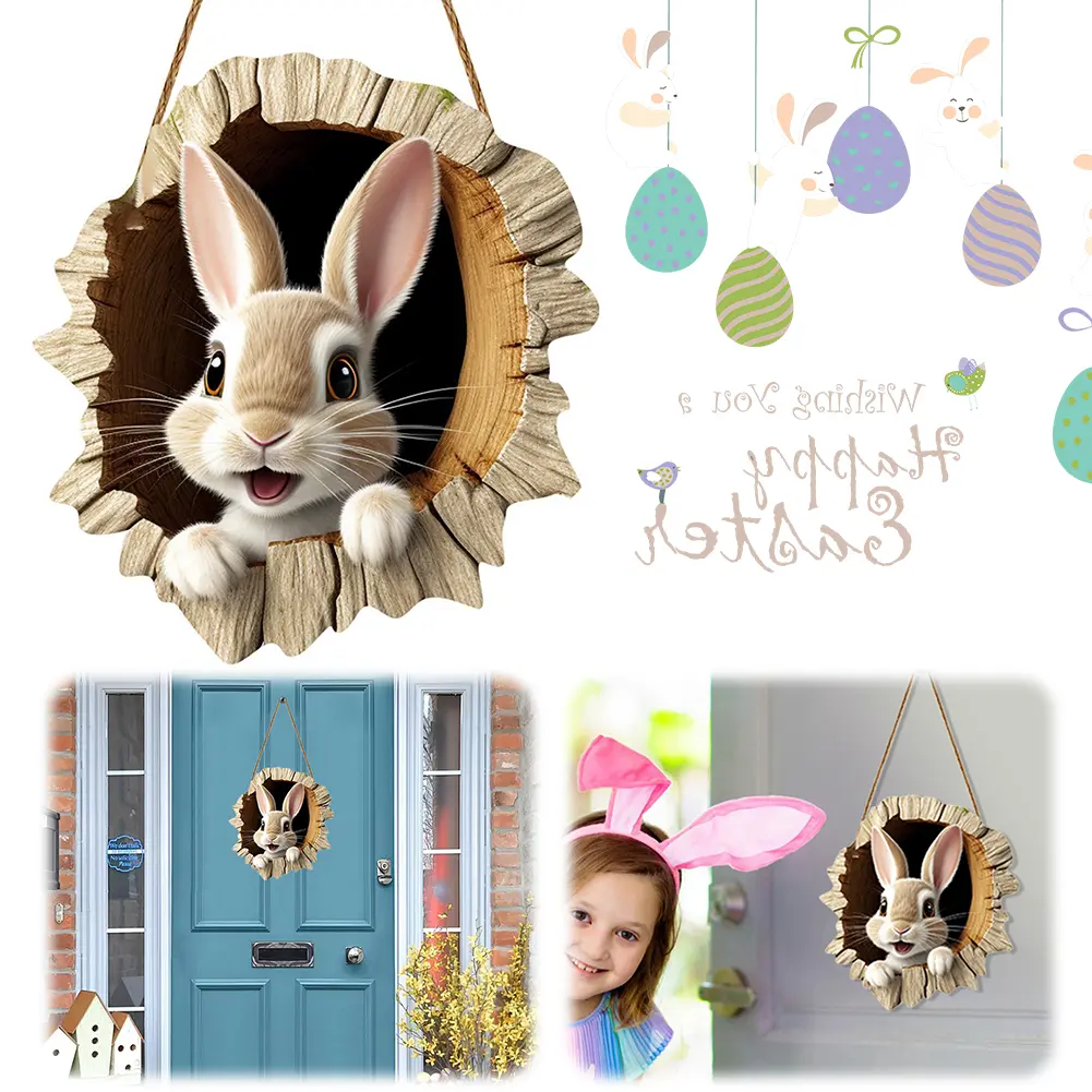 2025 Spring Easter Door Sign Reusable Cute Rabbit Animal Welcome Plaque Rustic Bunny Hanging Pendant for Holiday Front Door Wall