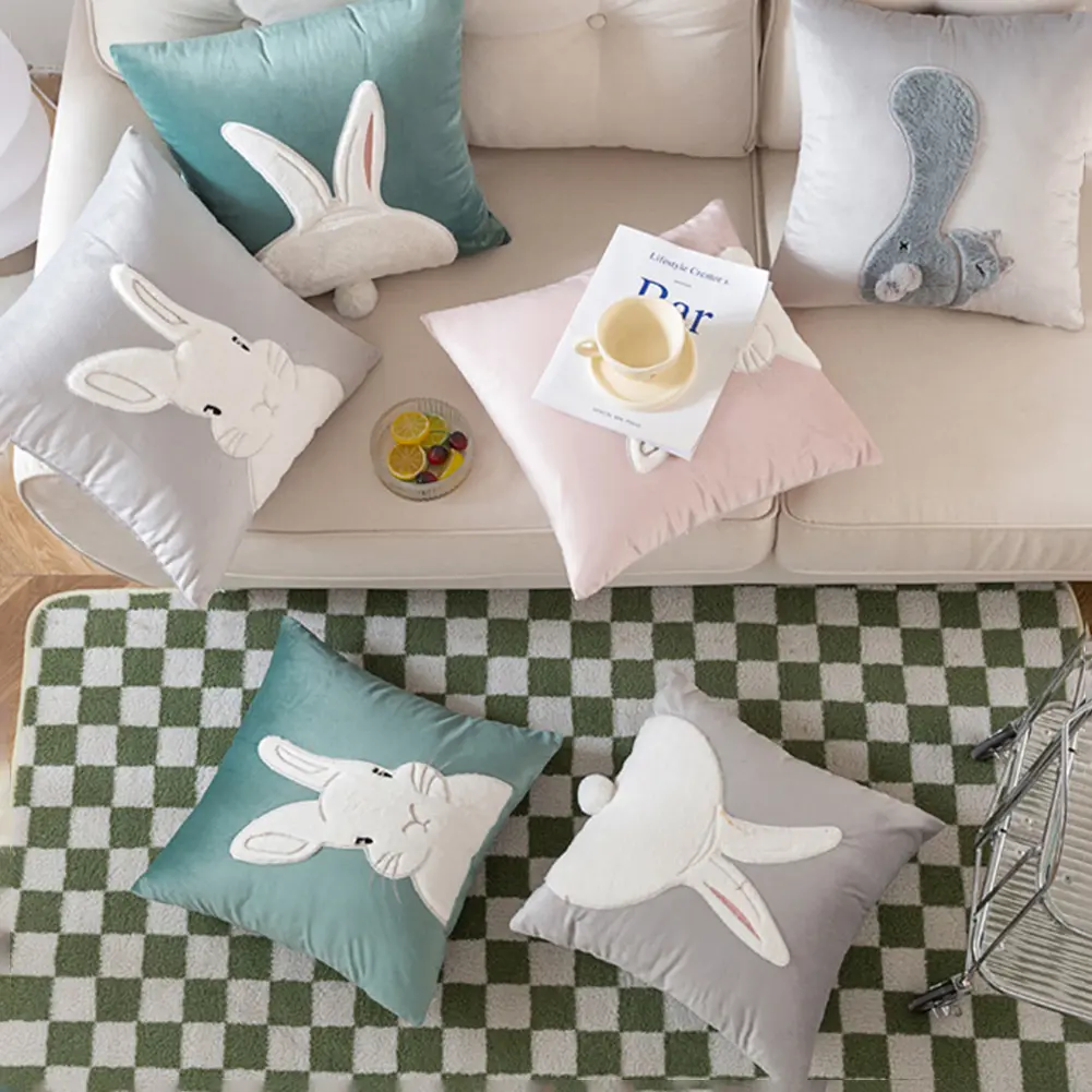 2Pcs Easter Plush Rabbit Embroidered Pillowcase Rabbit Pattern Decorative Throw Pillowcase for Sofa Couch Home Decor 45x45cm