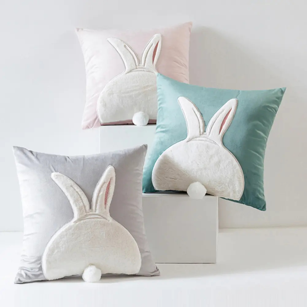2Pcs Easter Plush Rabbit Embroidered Pillowcase Rabbit Pattern Decorative Throw Pillowcase for Sofa Couch Home Decor 45x45cm