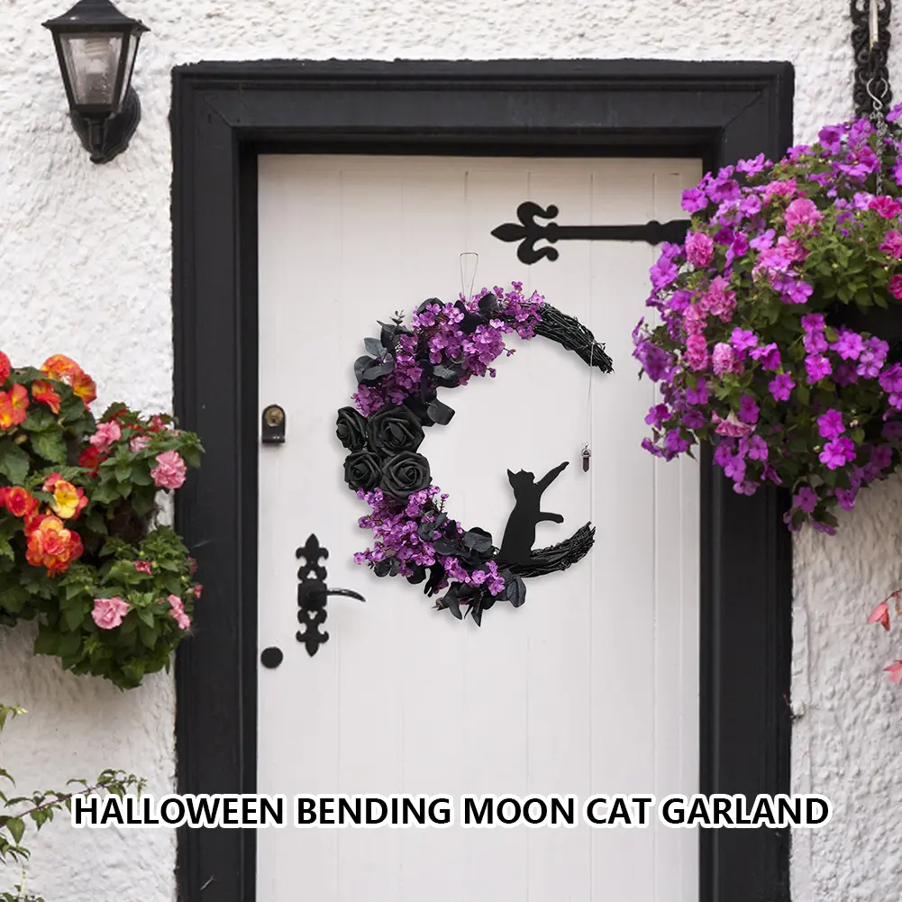 Halloween Gothic Wreath Decor Artificial Moon Cat Garland Handmade Moon Cat Halloween Door Hanging Decor Halloween Decor Supplie