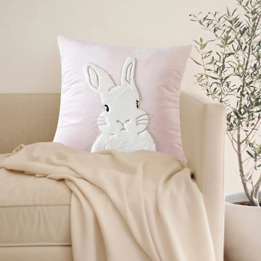 2Pcs Easter Plush Rabbit Embroidered Pillowcase Rabbit Pattern Decorative Throw Pillowcase for Sofa Couch Home Decor 45x45cm