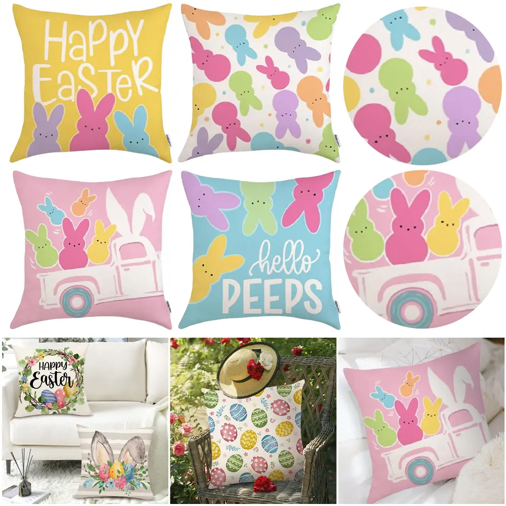 4pcs Easter Decorative Cushion Cover Cute Bunny Egg Pillowcase 45x45cm Easter Rabbit Pillowcase set for 2025 Spring Easter Decor