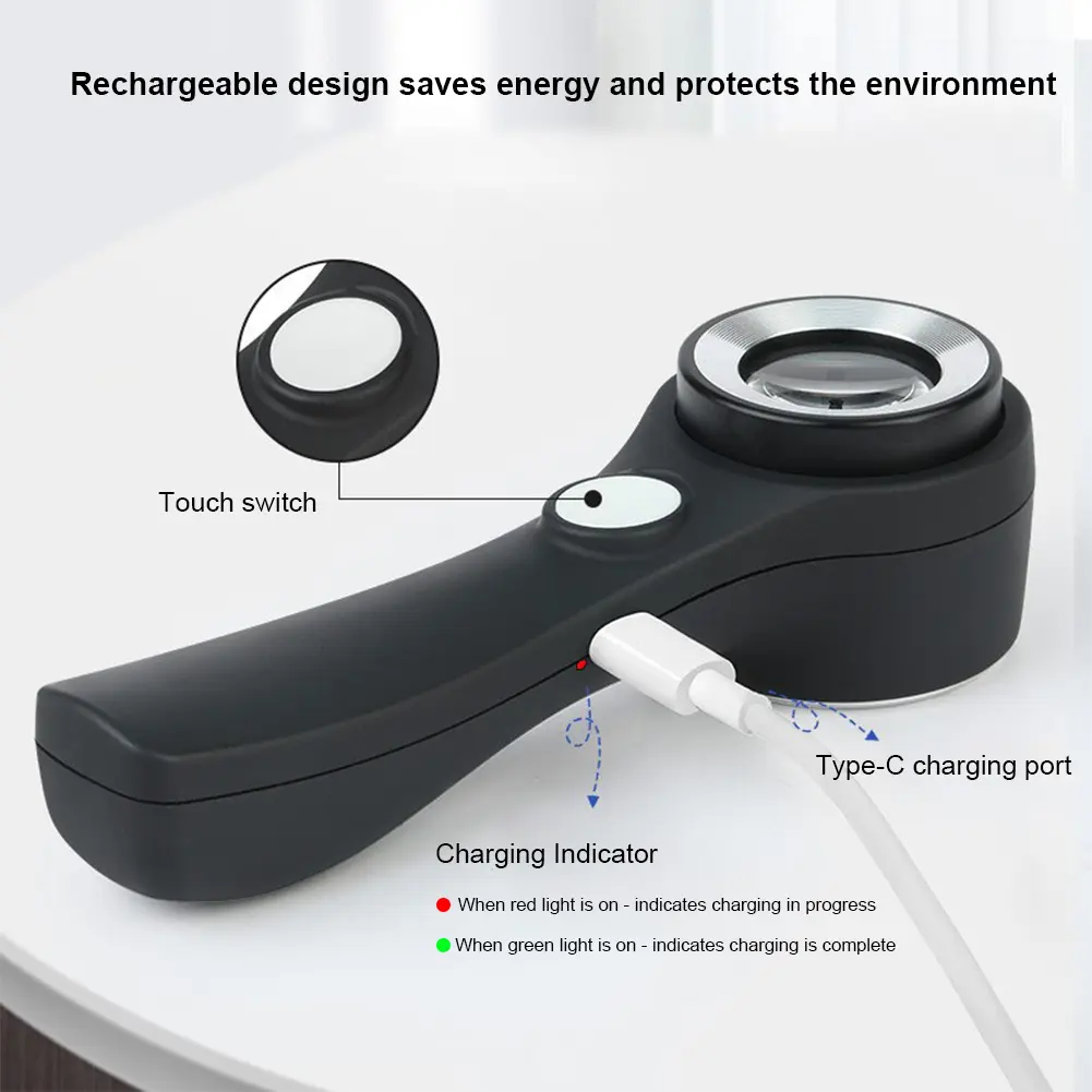10X Portable Magnifying Glass with 6 LED Light USB Rechargeable Sewing Magnifing Glass UV Illuminated for Jewelry Appreciation