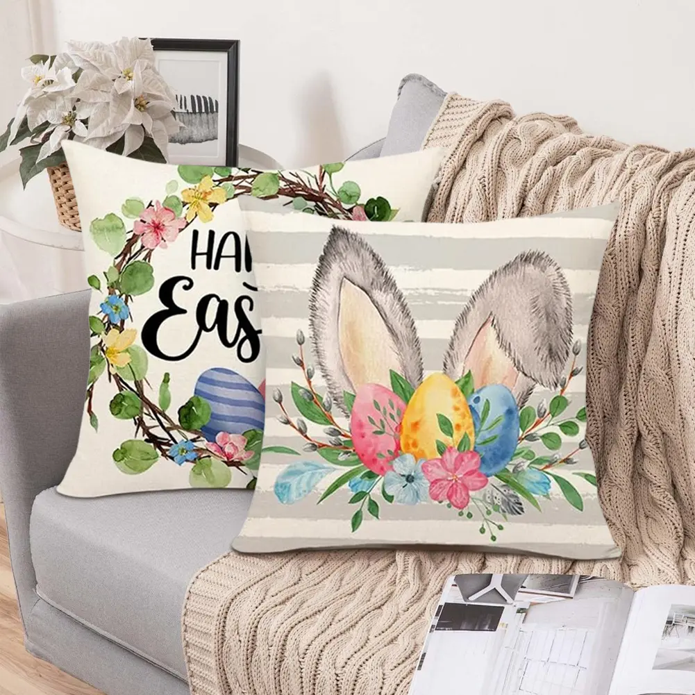 4pcs Easter Decorative Cushion Cover Cute Bunny Egg Pillowcase 45x45cm Easter Rabbit Pillowcase set for 2025 Spring Easter Decor