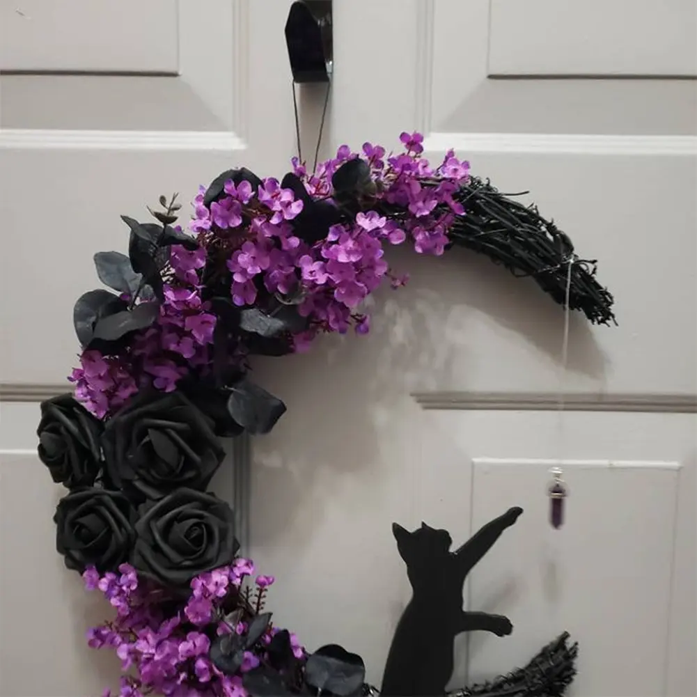 Halloween Gothic Wreath Decor Artificial Moon Cat Garland Handmade Moon Cat Halloween Door Hanging Decor Halloween Decor Supplie