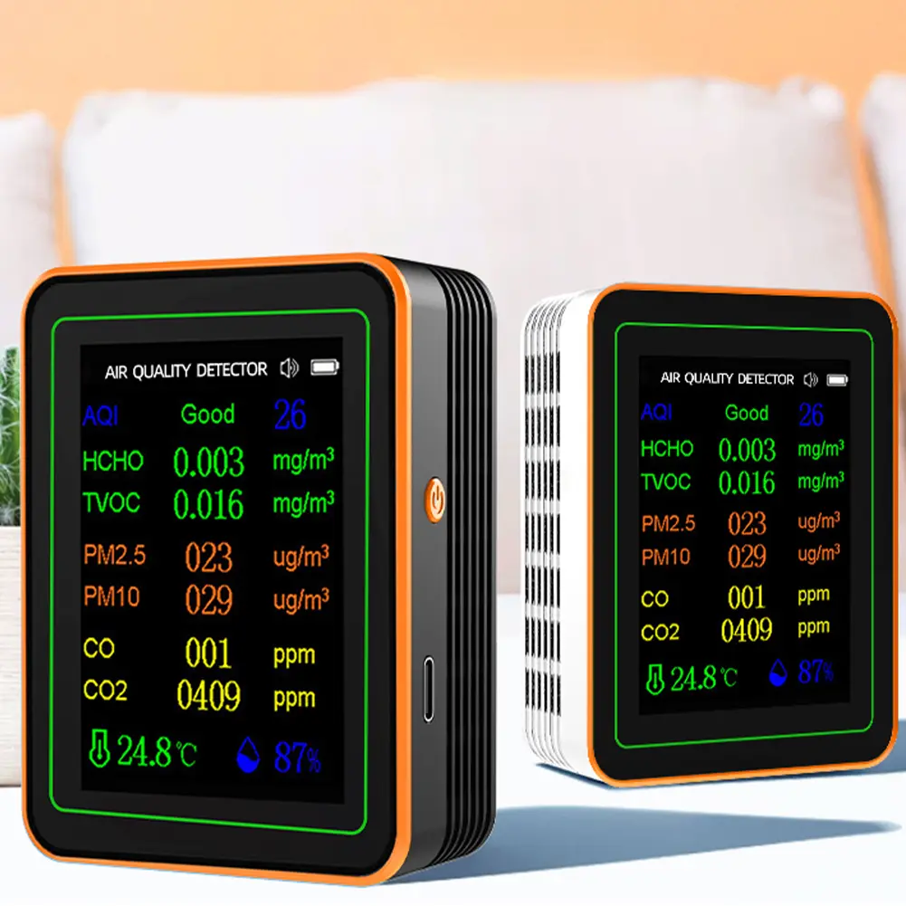 10 in 1 Air Quality Monitor Formaldehyde Temperature Humidity AQI Tester with Alarm Formaldehyde CO2 Detector for Indoor/Outdoor