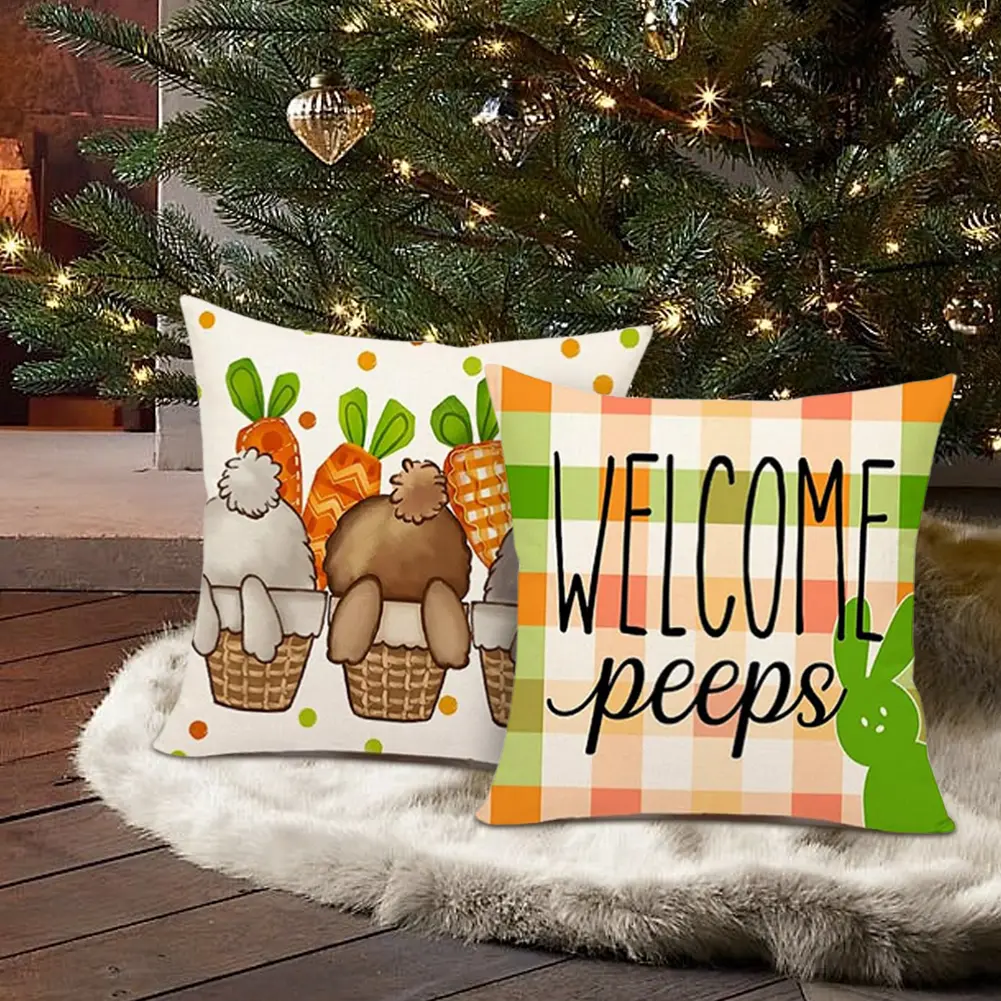 4pcs Easter Decorative Cushion Cover Cute Bunny Egg Pillowcase 45x45cm Easter Rabbit Pillowcase set for 2025 Spring Easter Decor