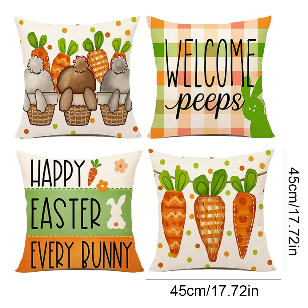 4pcs Easter Decorative Cushion Cover Cute Bunny Egg Pillowcase 45x45cm Easter Rabbit Pillowcase set for 2025 Spring Easter Decor