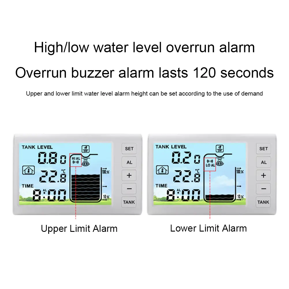 Ultrasonic Water Tank Liquid Depth Level Meter with Temperature Sensor Time Display Ultrasonic Tank Liquid Depth Level Meter