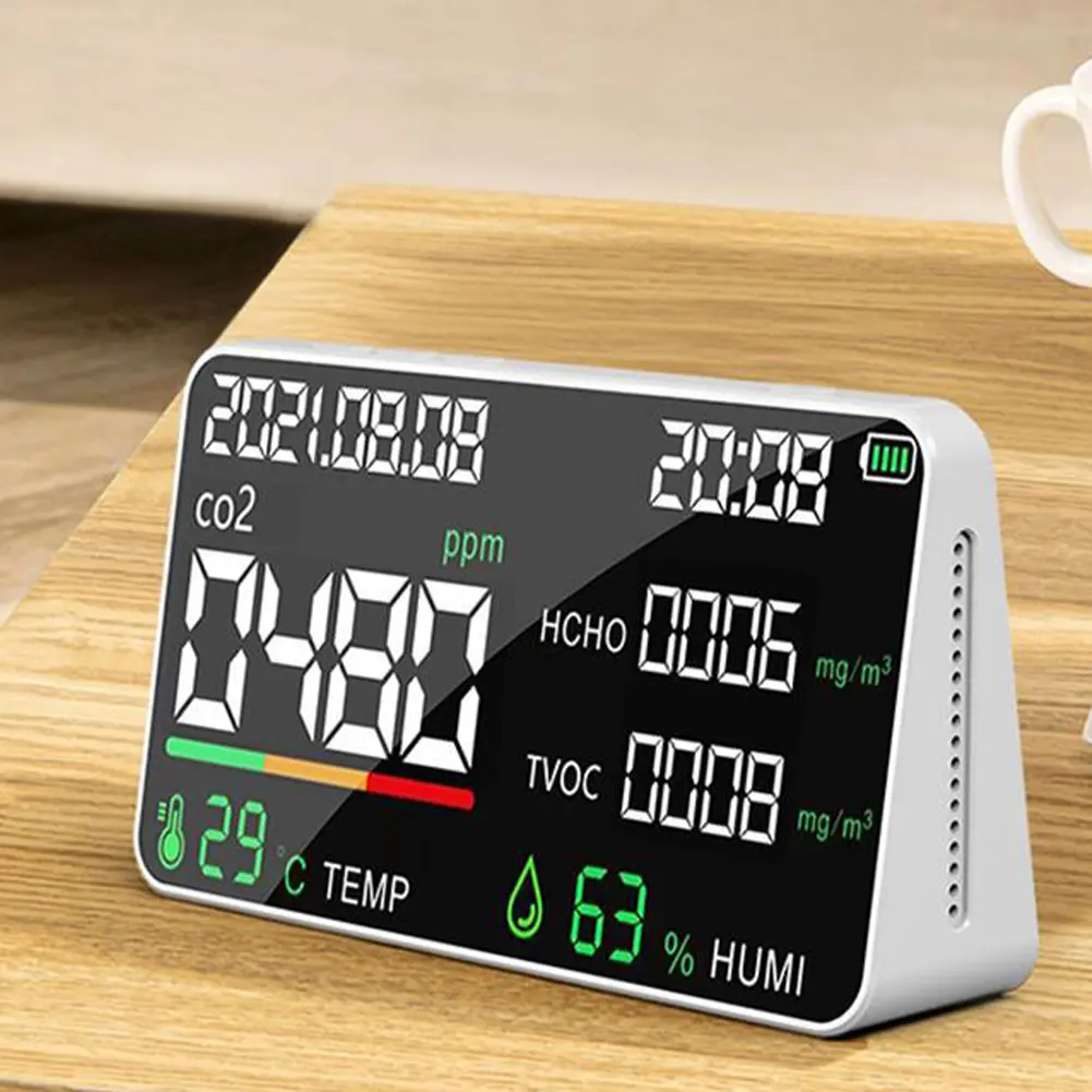 Air Quality Monitor Room Temperature Humidity Meter USB Rechargeable Gas Analyzers Multifunctional Clock for Home School Office