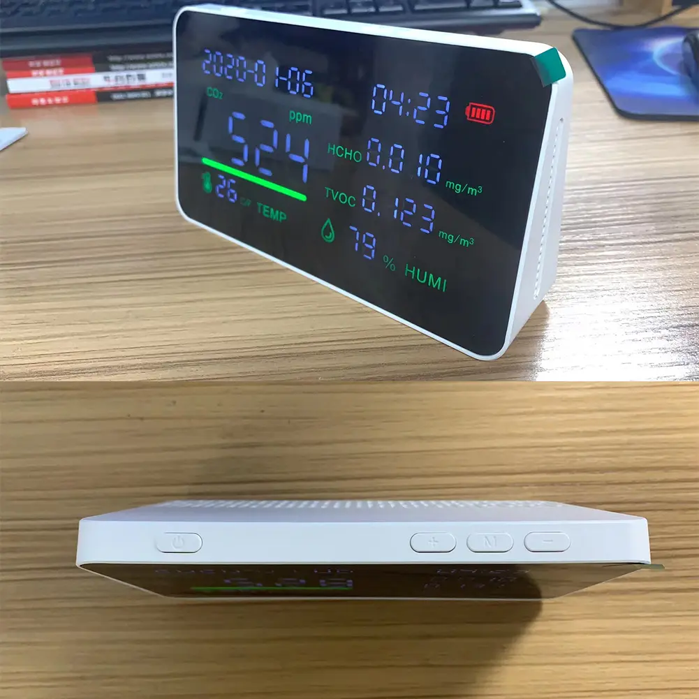 Air Quality Monitor Room Temperature Humidity Meter USB Rechargeable Gas Analyzers Multifunctional Clock for Home School Office