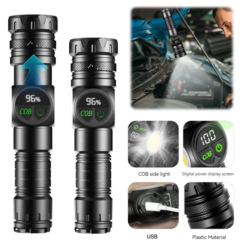 Portable LED COB Flashlight Waterproof Emergency Torch Rechargeable Magnetic Camping Strong Light Flashlight with LED Display