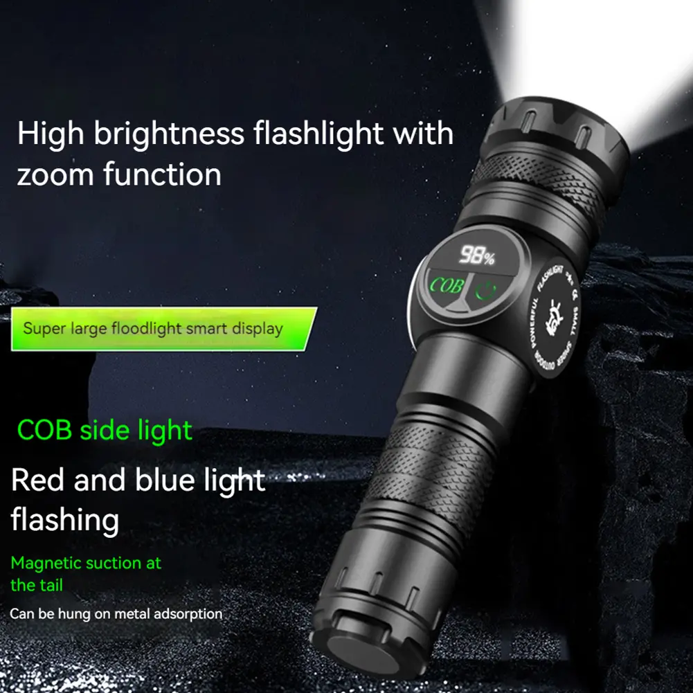 Portable LED COB Flashlight Waterproof Emergency Torch Rechargeable Magnetic Camping Strong Light Flashlight with LED Display