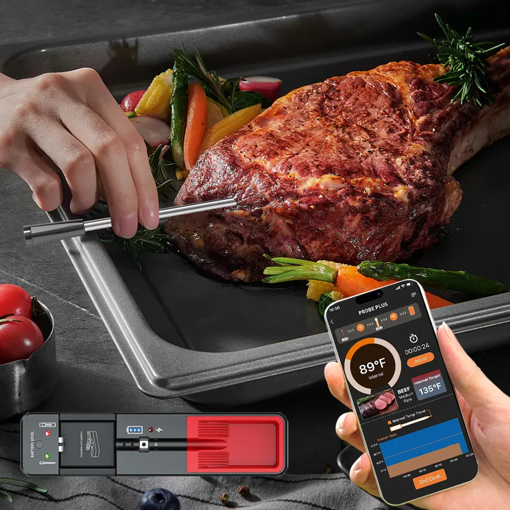 Smart Meat Thermometer Digital Food Thermometer Bluetooth-Compatible Barbecue Thermometer Standalone Base for Smoker Rotisserie