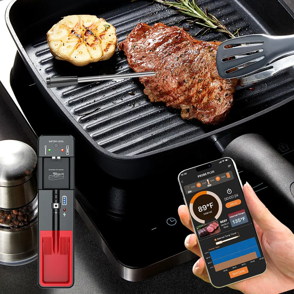 Smart Meat Thermometer Digital Food Thermometer Bluetooth-Compatible Barbecue Thermometer Standalone Base for Smoker Rotisserie