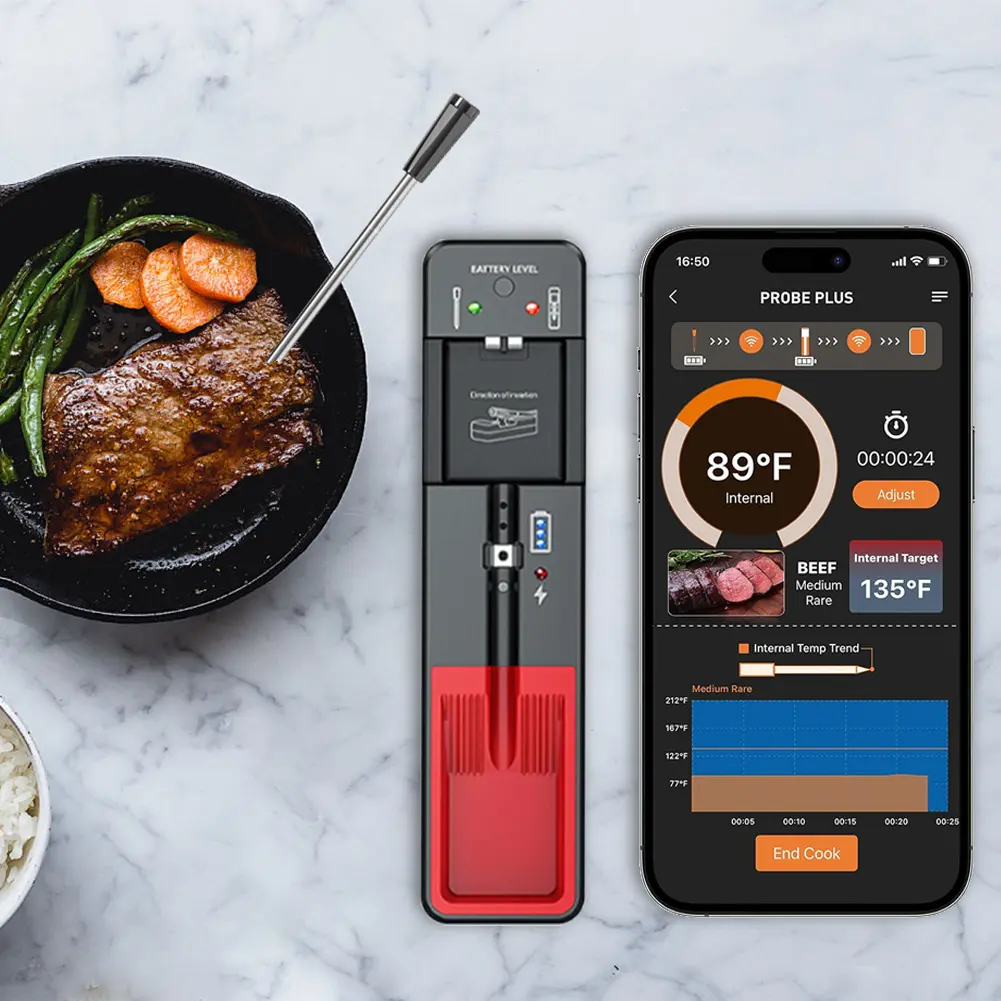 Smart Meat Thermometer Digital Food Thermometer Bluetooth-Compatible Barbecue Thermometer Standalone Base for Smoker Rotisserie