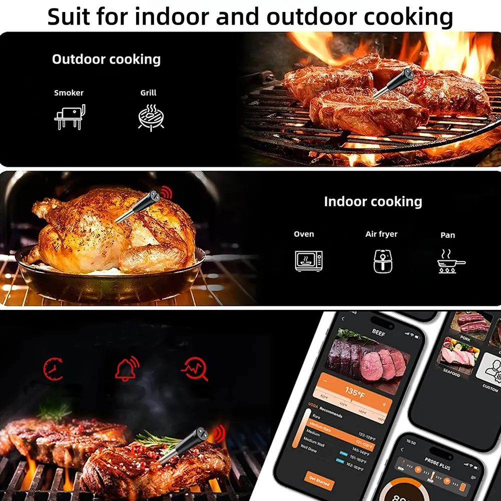 Smart Meat Thermometer Digital Food Thermometer Bluetooth-Compatible Barbecue Thermometer Standalone Base for Smoker Rotisserie