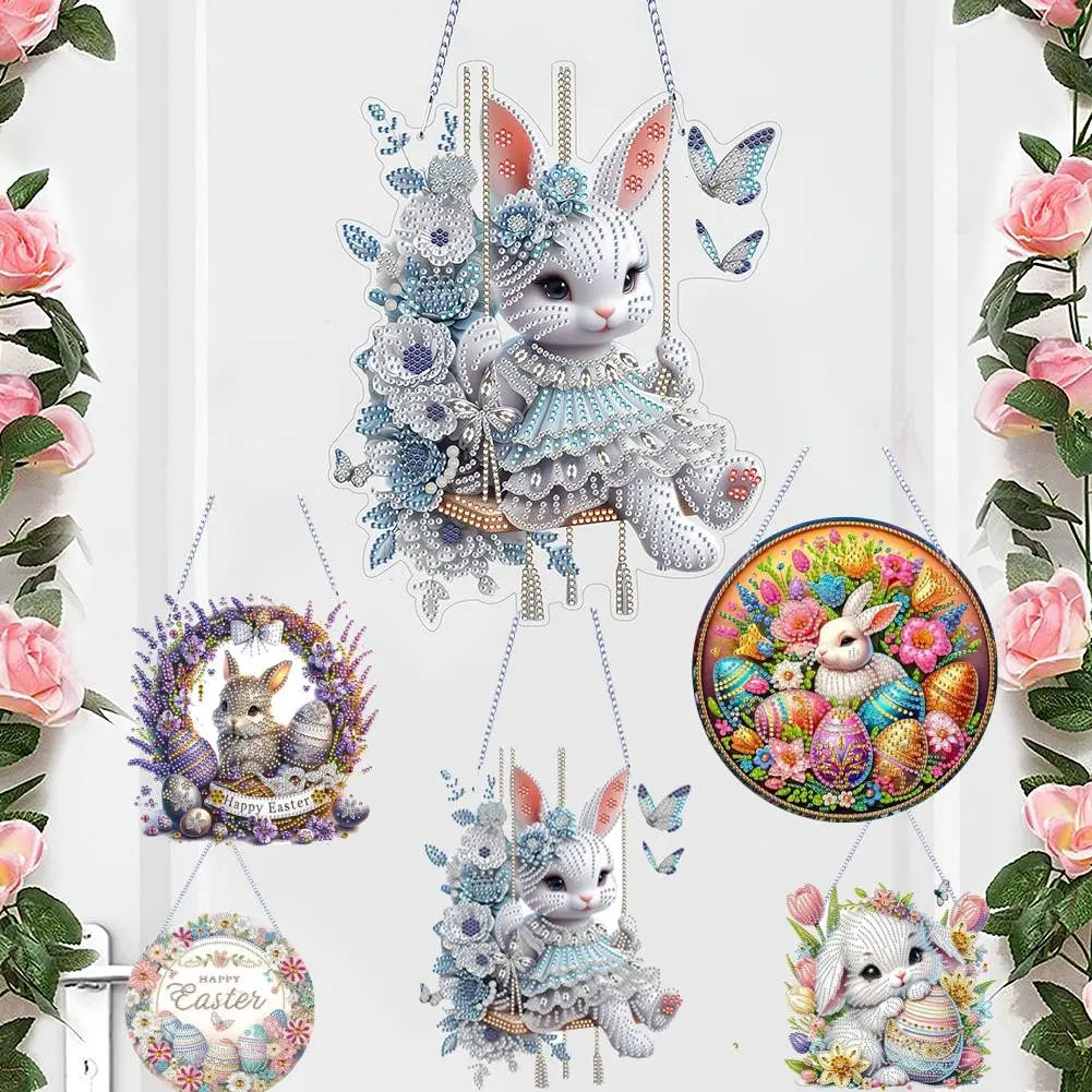 2025 Easter Bunny Diamond Art Hanging Pendant Diamond Painting Home Decor 5D DIY Diamond Painting Dots Pendant for Window Decor