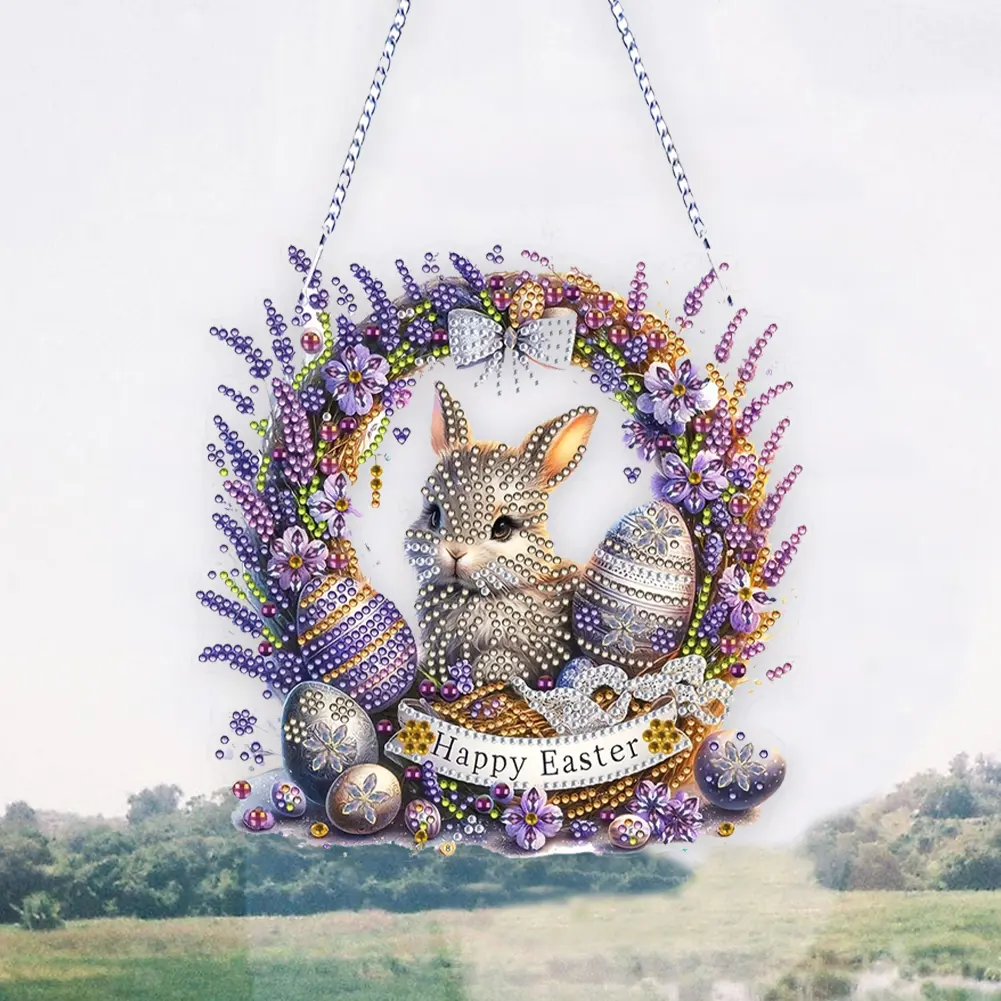 2025 Easter Bunny Diamond Art Hanging Pendant Diamond Painting Home Decor 5D DIY Diamond Painting Dots Pendant for Window Decor