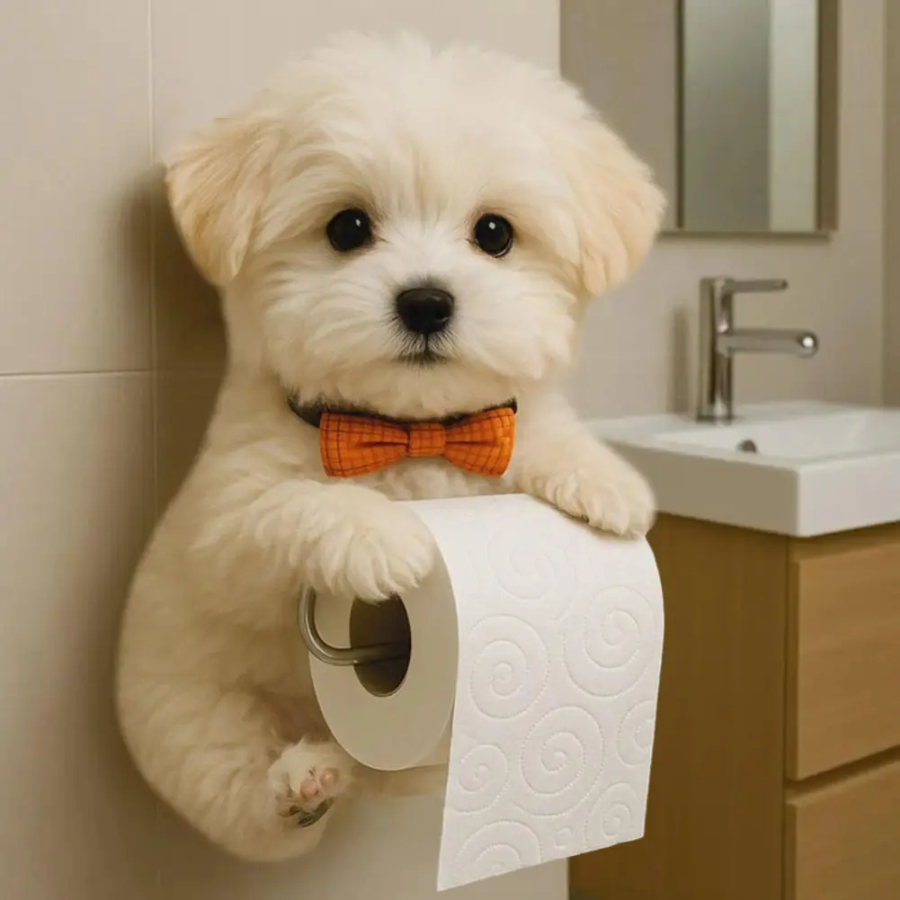 Wall Mount Dog Toilet Paper Roll Holder Resin Animal Roll Paper Storage Rack Tissue Dispenser 3D Printed Decorative Dogs Statue