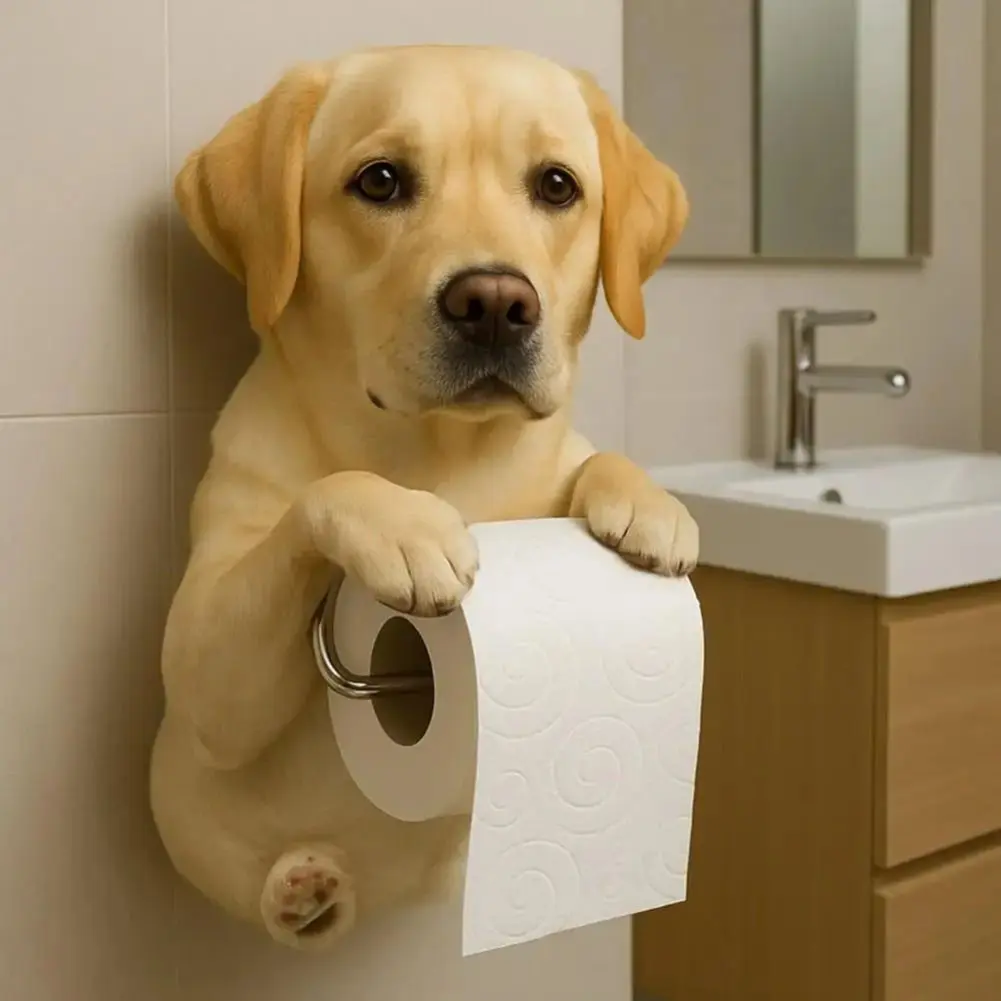 Wall Mount Dog Toilet Paper Roll Holder Resin Animal Roll Paper Storage Rack Tissue Dispenser 3D Printed Decorative Dogs Statue