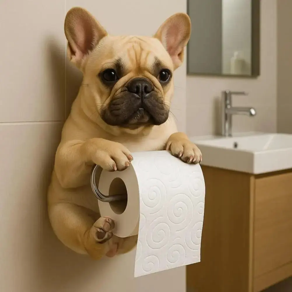 Wall Mount Dog Toilet Paper Roll Holder Resin Animal Roll Paper Storage Rack Tissue Dispenser 3D Printed Decorative Dogs Statue