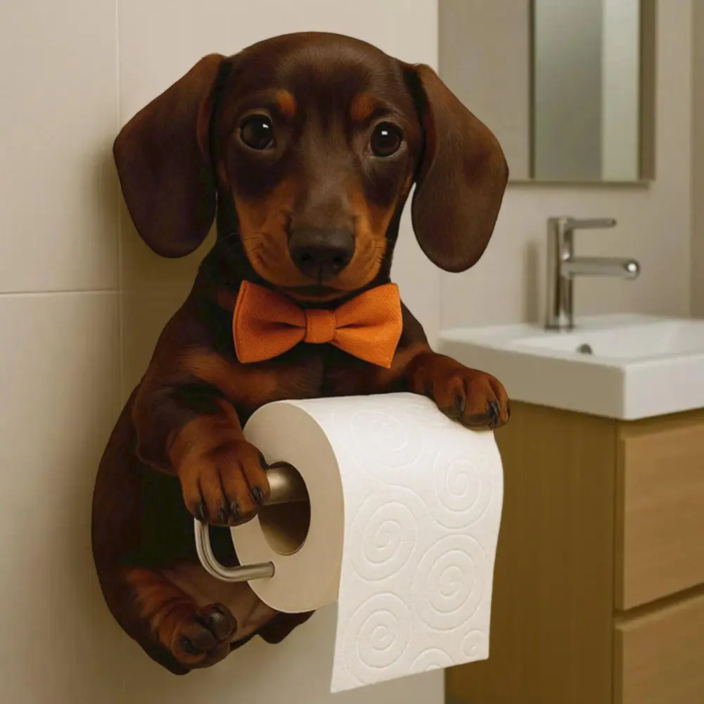 Wall Mount Dog Toilet Paper Roll Holder Resin Animal Roll Paper Storage Rack Tissue Dispenser 3D Printed Decorative Dogs Statue