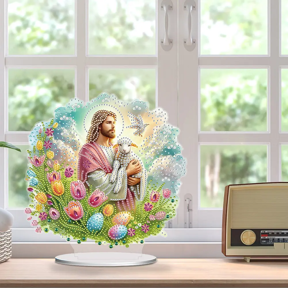 5D DIY Diamond Art Easter Desktop Decor Acrylic Special Shape Easter Lamb Diamond Painting Desktop Decors for Home Office Decor