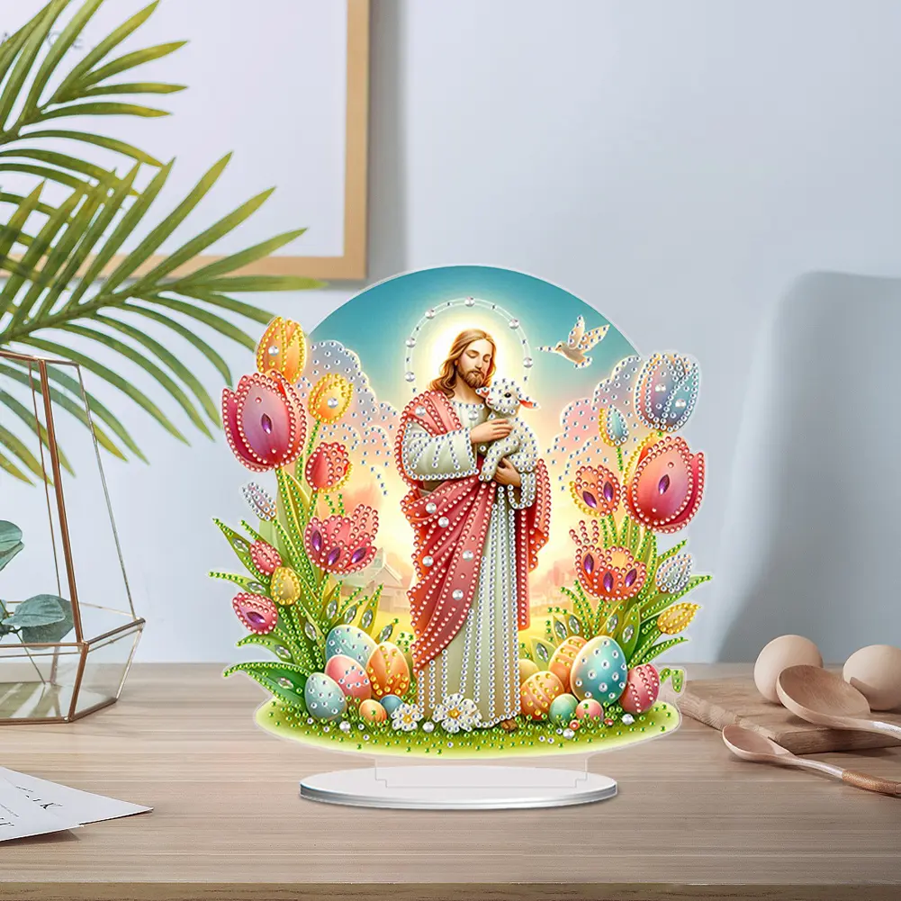 5D DIY Diamond Art Easter Desktop Decor Acrylic Special Shape Easter Lamb Diamond Painting Desktop Decors for Home Office Decor