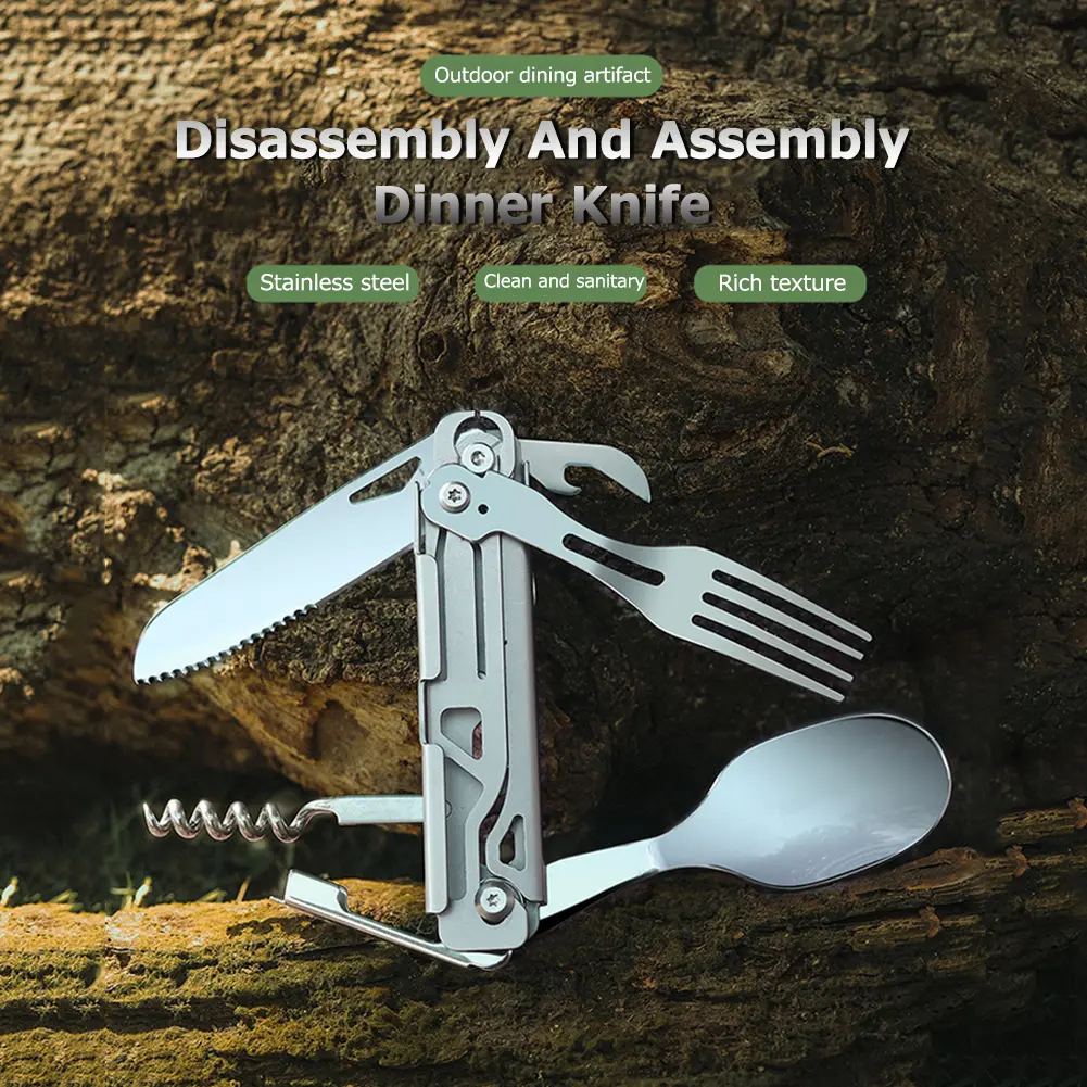 6 in 1 Multifunctional Camping Cutlery Foldable Portable Outdoor Cutlery EDC Tool Smooth for Picnic Hiking for Travelling BBQ