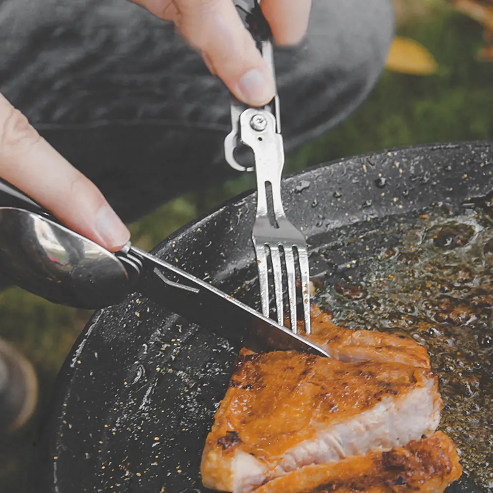 6 in 1 Multifunctional Camping Cutlery Foldable Portable Outdoor Cutlery EDC Tool Smooth for Picnic Hiking for Travelling BBQ