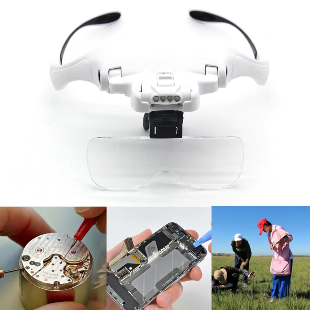 HD Adjustable Headband Magnifiers with LED Light Hands-free Magnifying Glasses with 5 Lenses Instrument Repair Loupe for Elderly