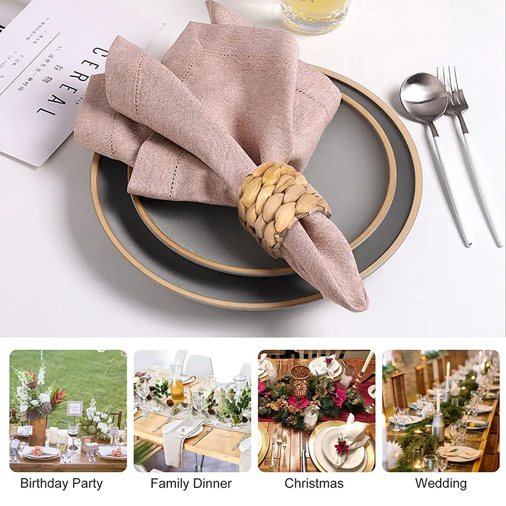 6pcs/set Wedding Napkin Clip Handmade Round Woven Hug Napkins Natural Reusable Smooth Water Hyacinth Grass for Party Decorations