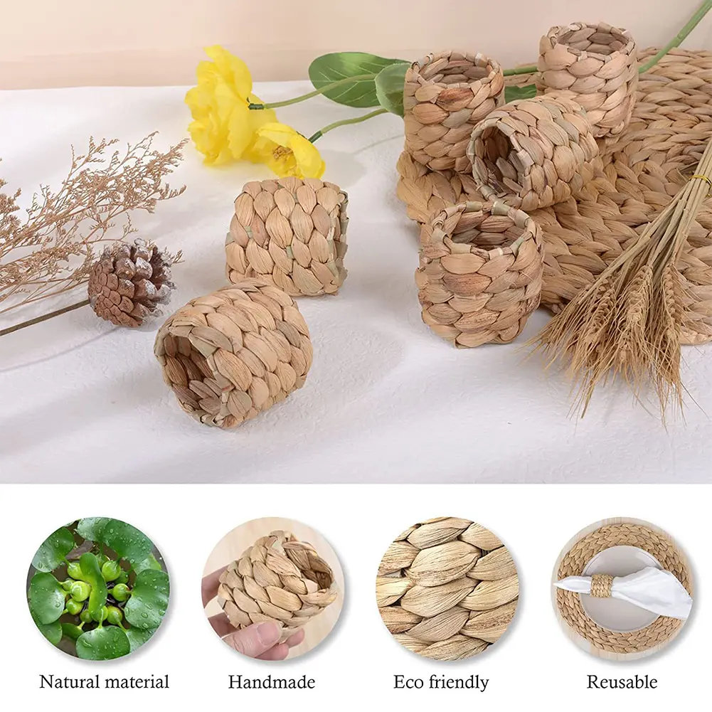 6pcs/set Wedding Napkin Clip Handmade Round Woven Hug Napkins Natural Reusable Smooth Water Hyacinth Grass for Party Decorations