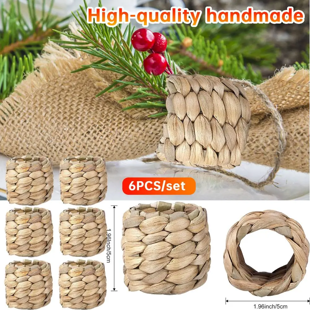 6pcs/set Wedding Napkin Clip Handmade Round Woven Hug Napkins Natural Reusable Smooth Water Hyacinth Grass for Party Decorations