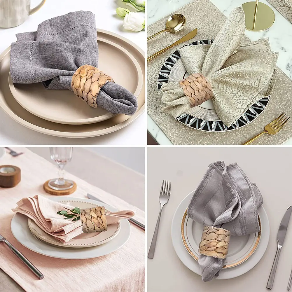 6pcs/set Wedding Napkin Clip Handmade Round Woven Hug Napkins Natural Reusable Smooth Water Hyacinth Grass for Party Decorations