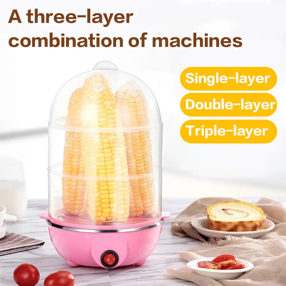 110V/220V Electric Egg Boiler 3-Layer Timing Automatic Corn Steamer Auto-Off Portable Milk Steamer for Cooking Breakfast Machine