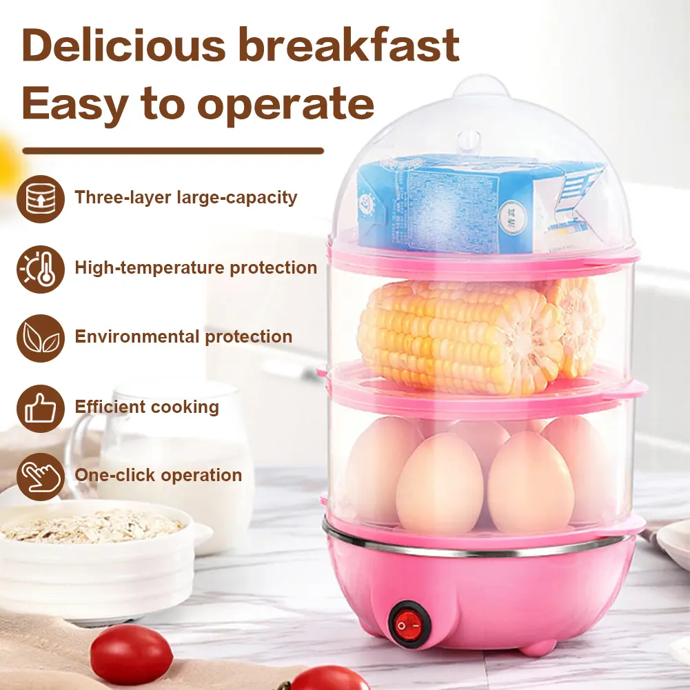 110V/220V Electric Egg Boiler 3-Layer Timing Automatic Corn Steamer Auto-Off Portable Milk Steamer for Cooking Breakfast Machine