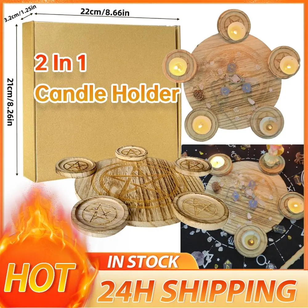 2 In 1 Pentagram Witches Wooden Candle Holder Candlestick Candle Stand Witchcraft Altar Supplies Decor for Wiccan Tarot Supply