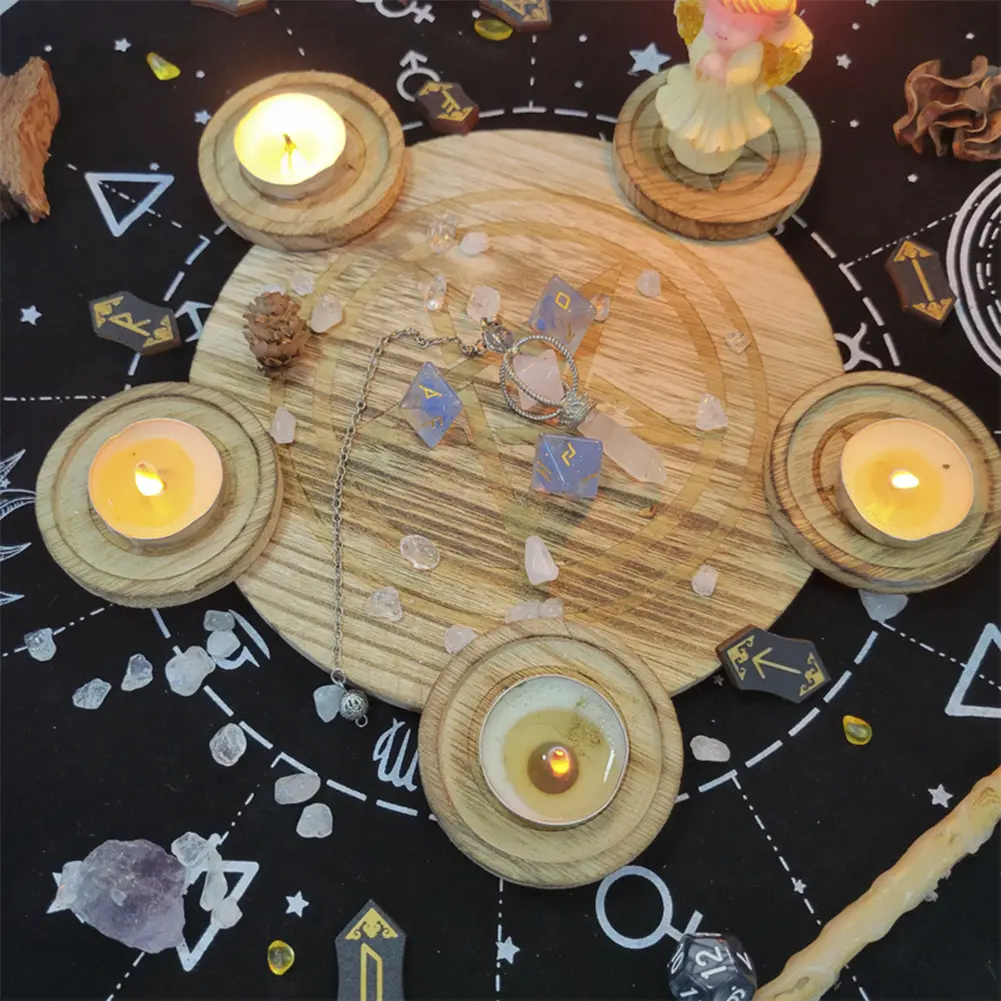 2 In 1 Pentagram Witches Wooden Candle Holder Candlestick Candle Stand Witchcraft Altar Supplies Decor for Wiccan Tarot Supply