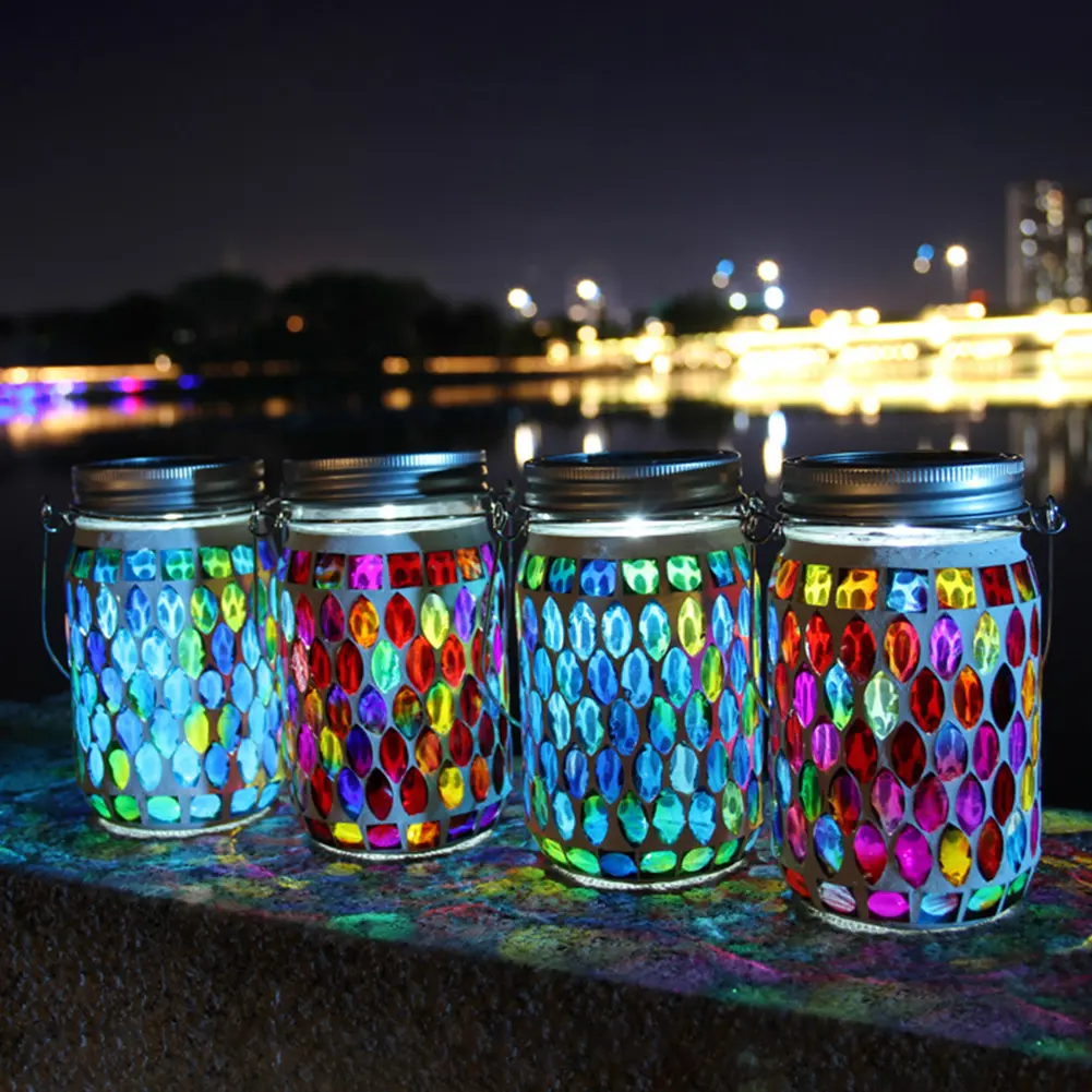 LED Mosaic Solar Lantern Waterproof Solar Glass Bottle Jar Table Lamp Glass Table Lamp for Garden Patio Party Yard Balcony Decor